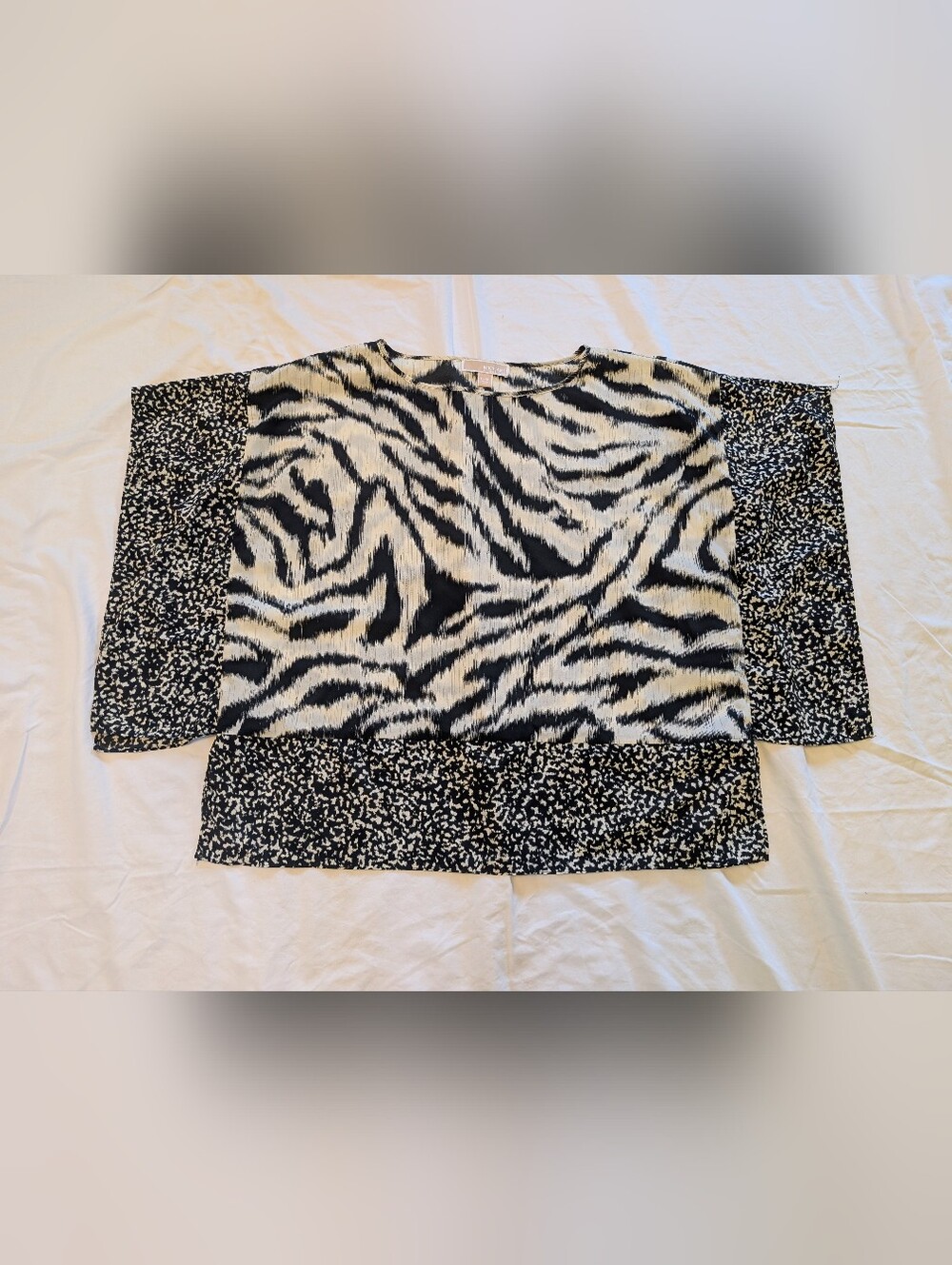 Michael Kors Batwing Kaftan Top Black White Zebra Print Kimono Sleeve - L/XL